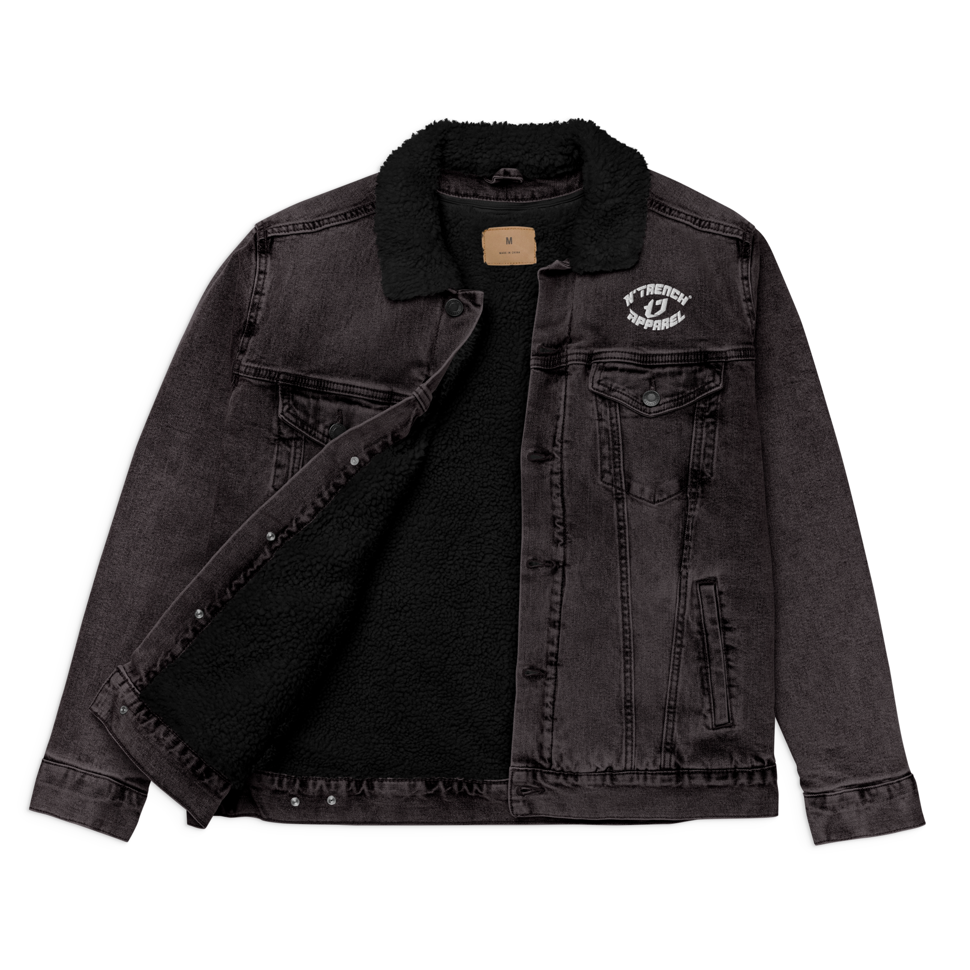 N'Trench Apparel White Lettering And Logo Women/Ladies Embroidery Denim Sherpa Jacket