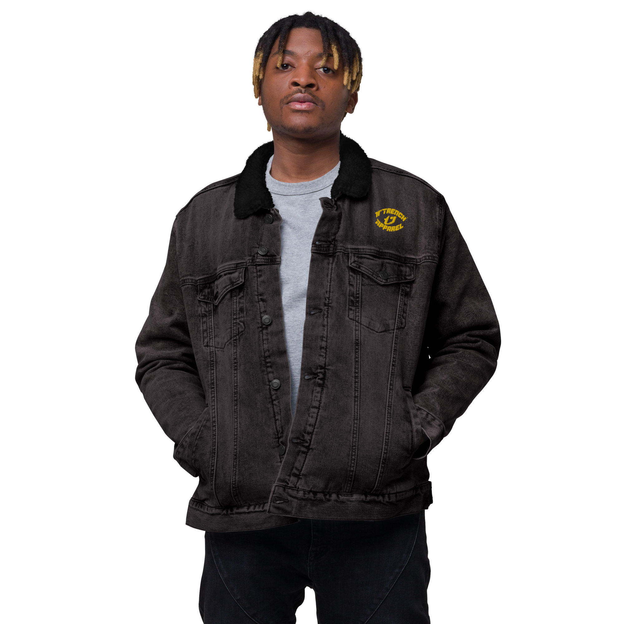 N'Trench Apparel Gold Lettering And Logo Men/Guys Embroidery Denim Sherpa Jacket
