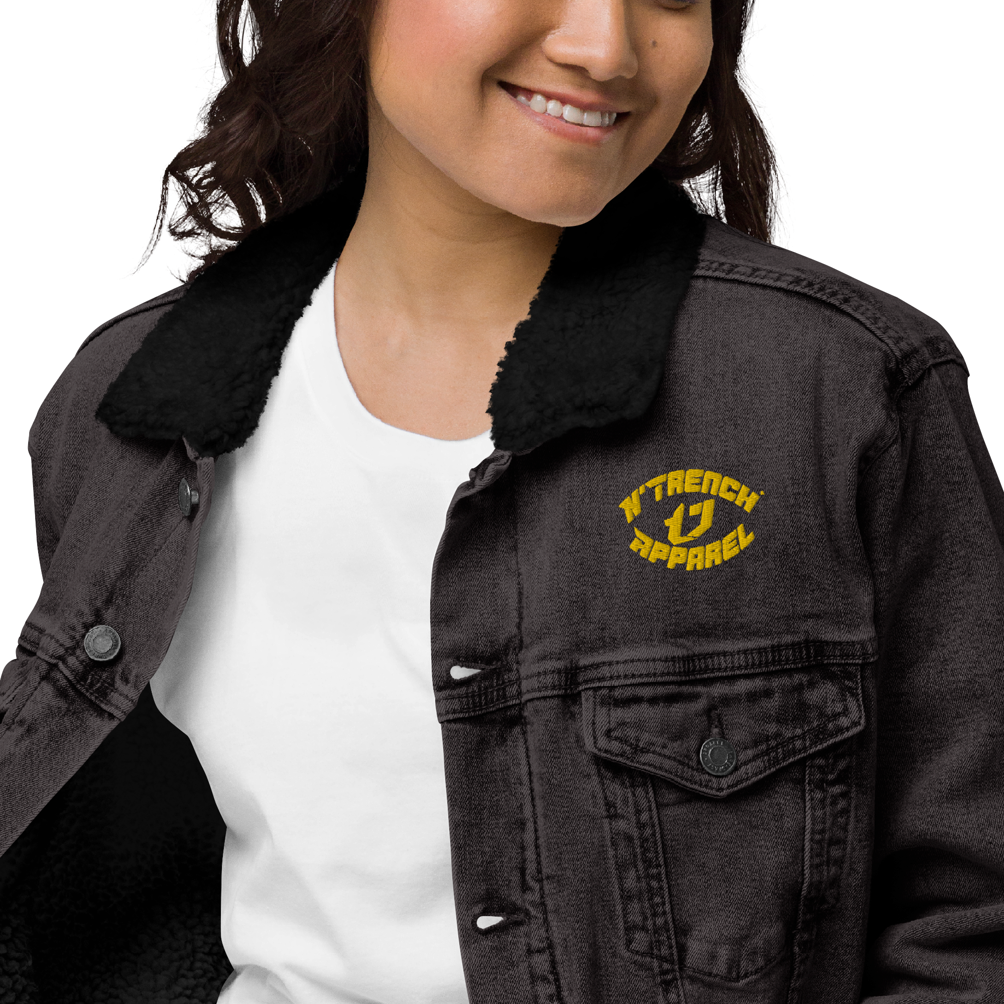 N'Trench Apparel Gold Lettering And Logo Women/Ladies Embroidery denim sherpa jacket