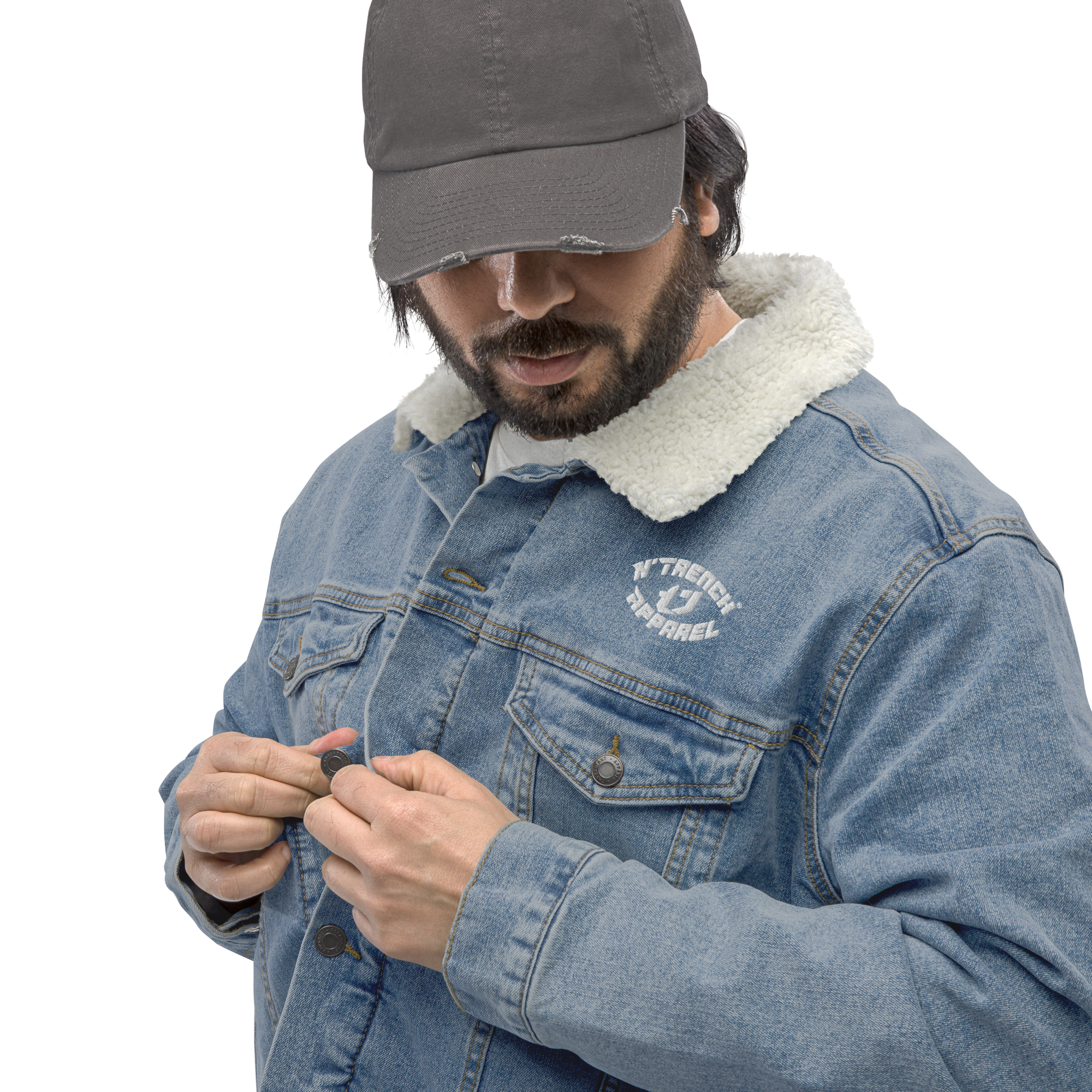 N'Trench Apparel White Lettering And Logo Men/Guys Embroidery denim sherpa jacket