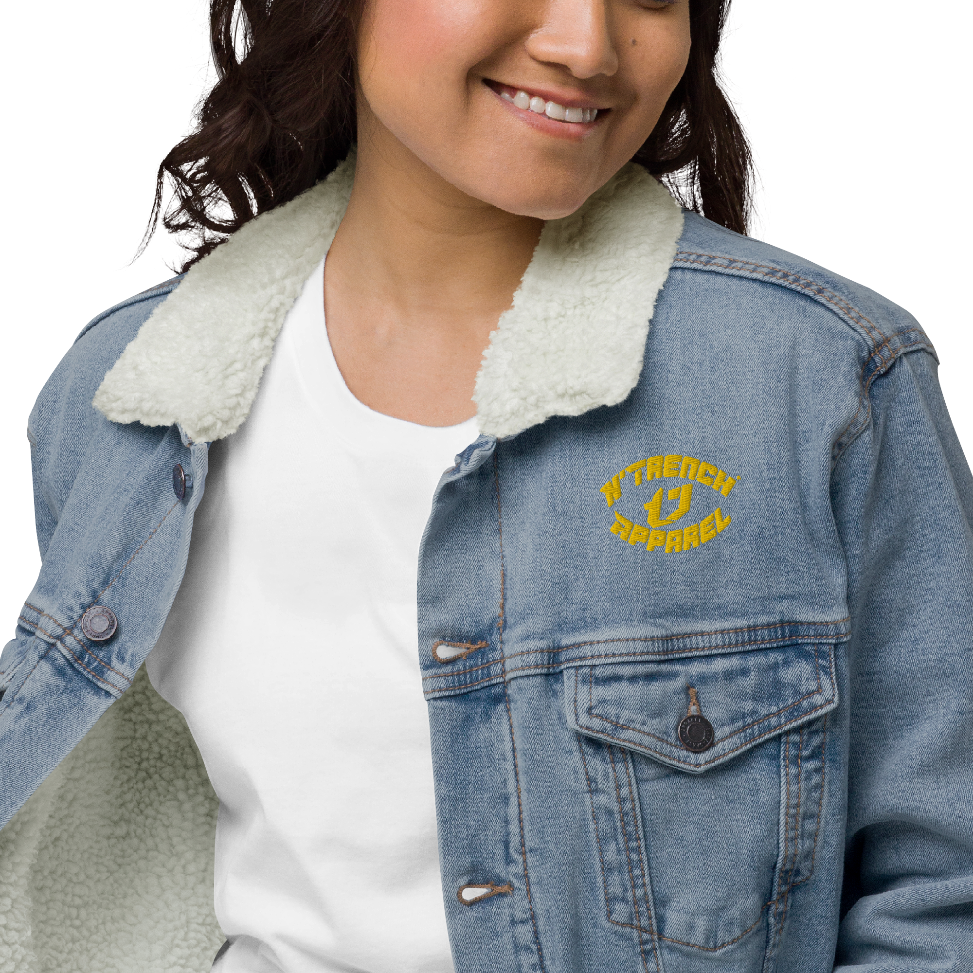 N'Trench Apparel Gold Lettering And Logo Women/Ladies Embroidery denim sherpa jacket