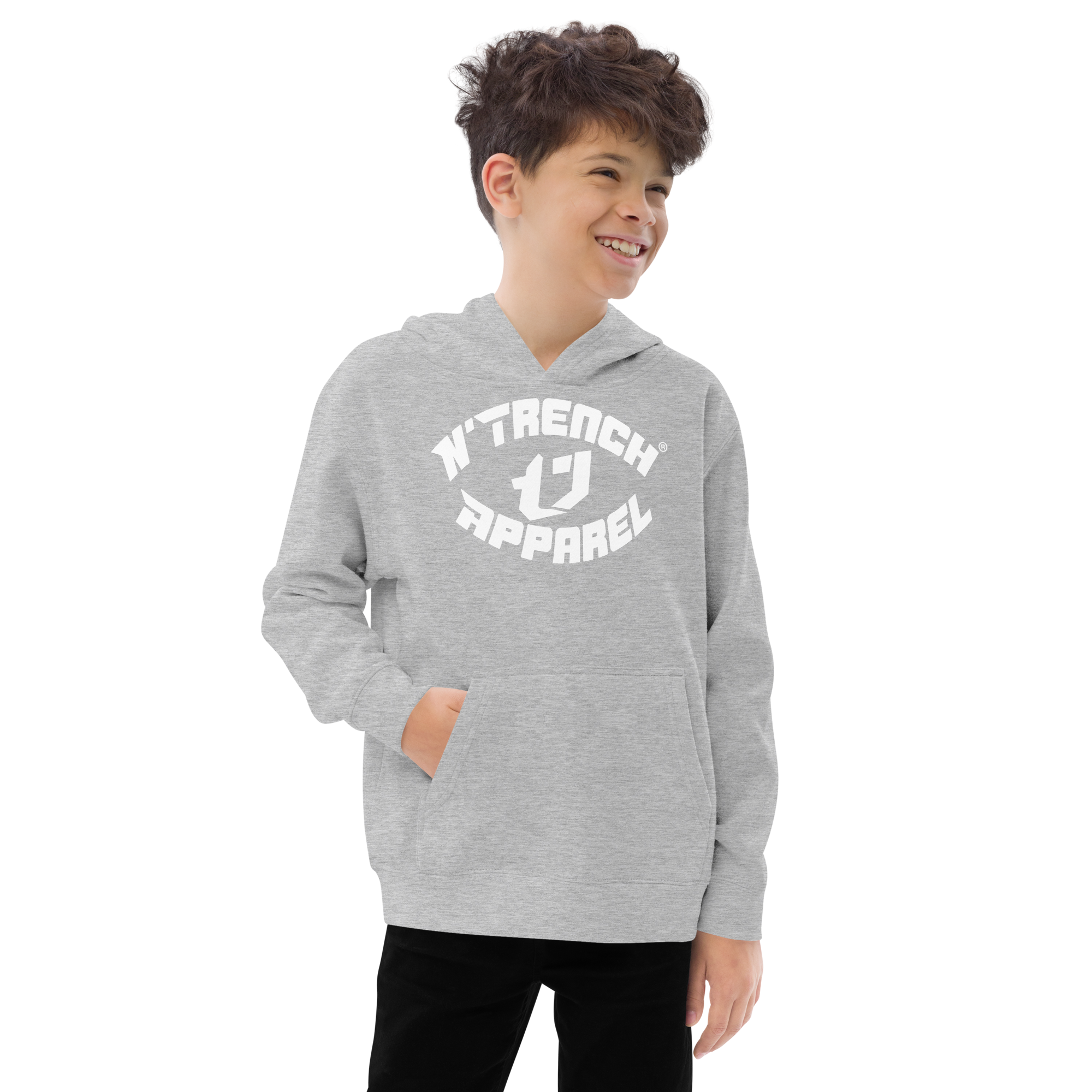 N'Trench Apparel White Lettering and Logo Kids fleece hoodie