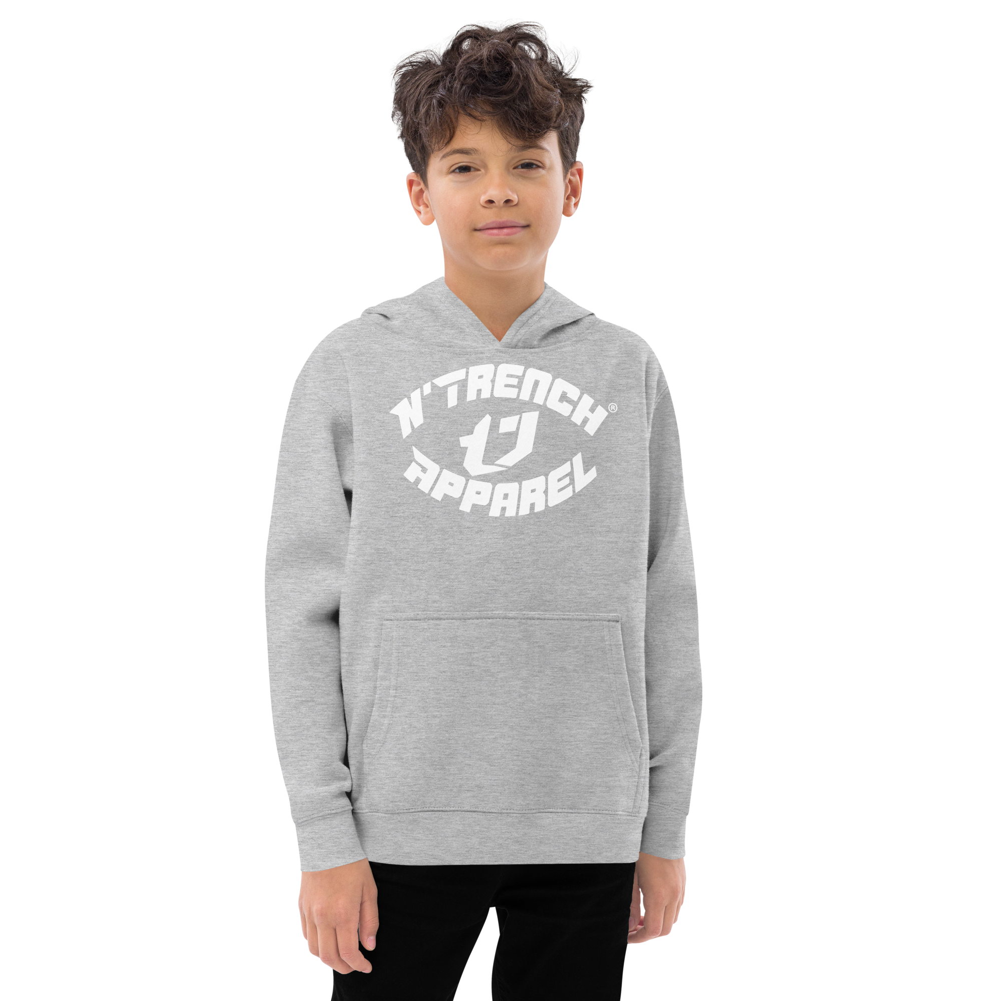 N'Trench Apparel White Lettering and Logo Kids fleece hoodie