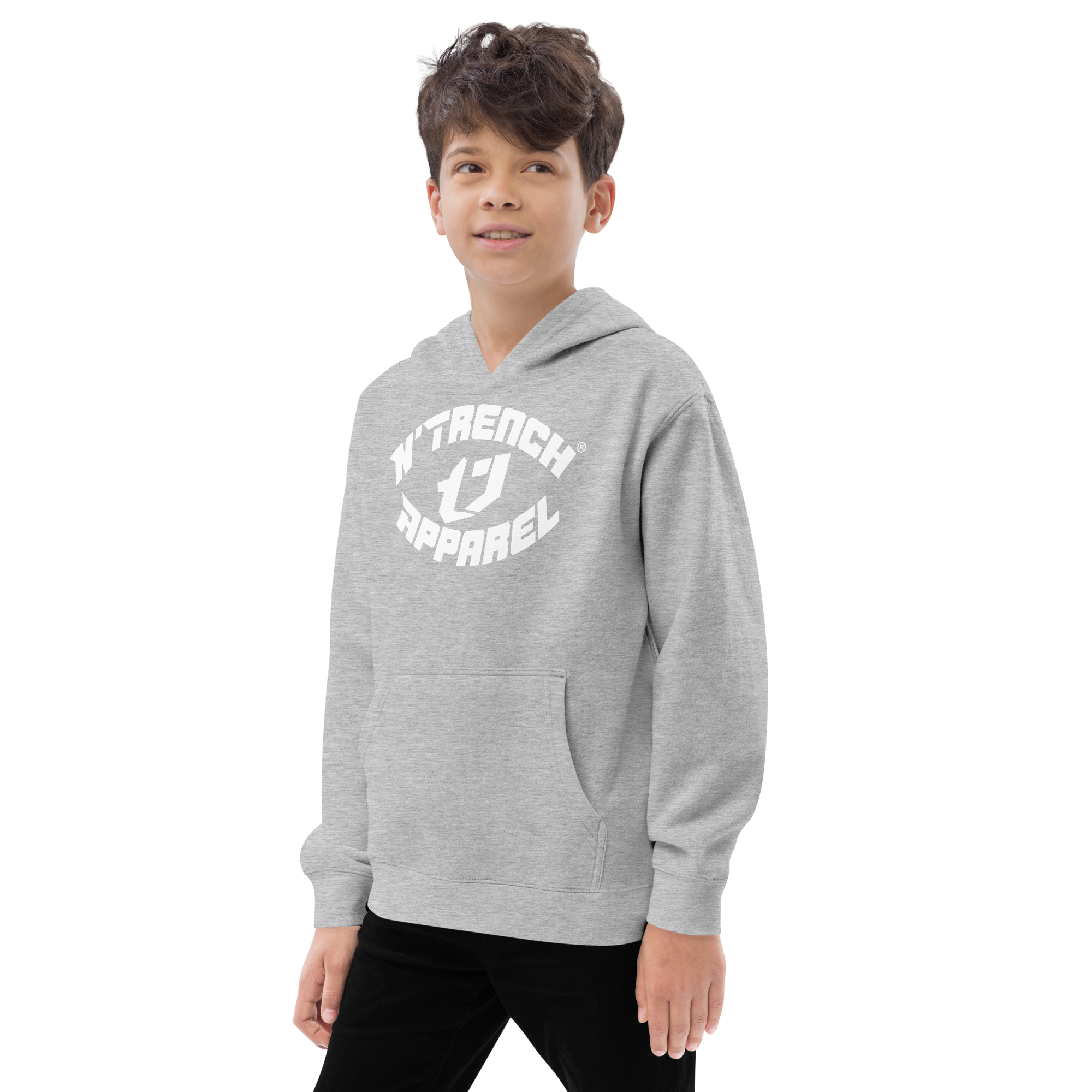 N'Trench Apparel White Lettering and Logo Kids fleece hoodie