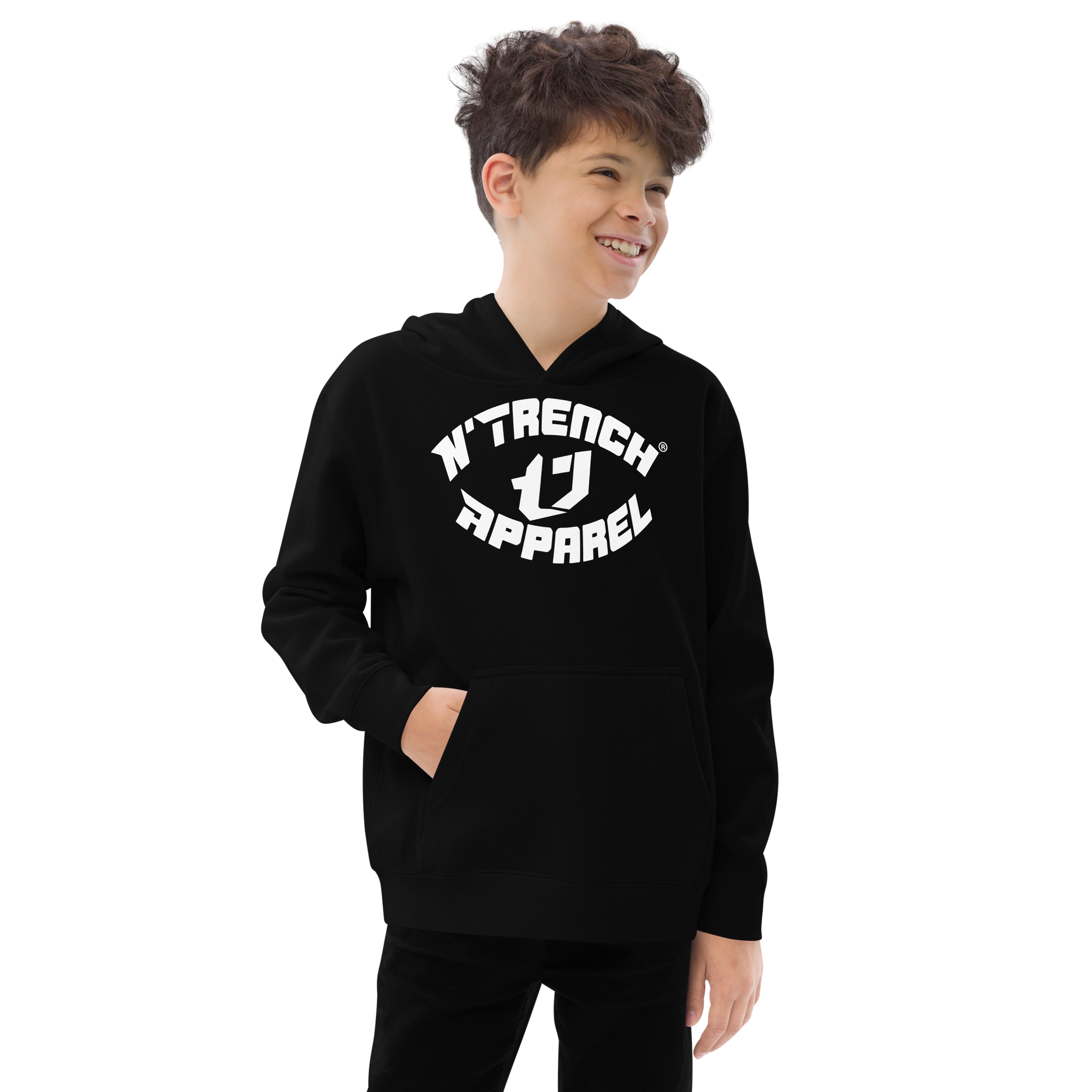 N'Trench Apparel White Lettering and Logo Kids fleece hoodie