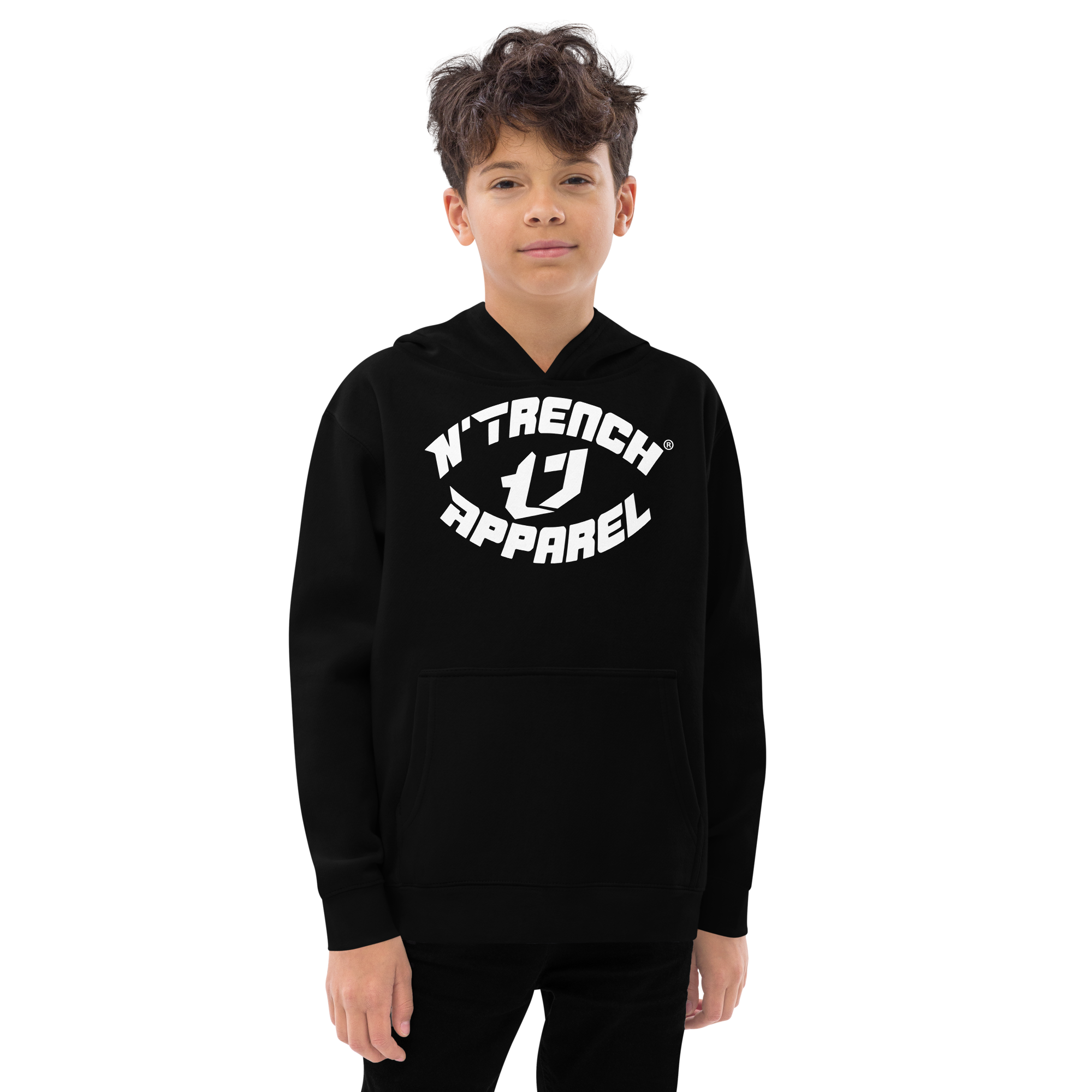 N'Trench Apparel White Lettering and Logo Kids fleece hoodie