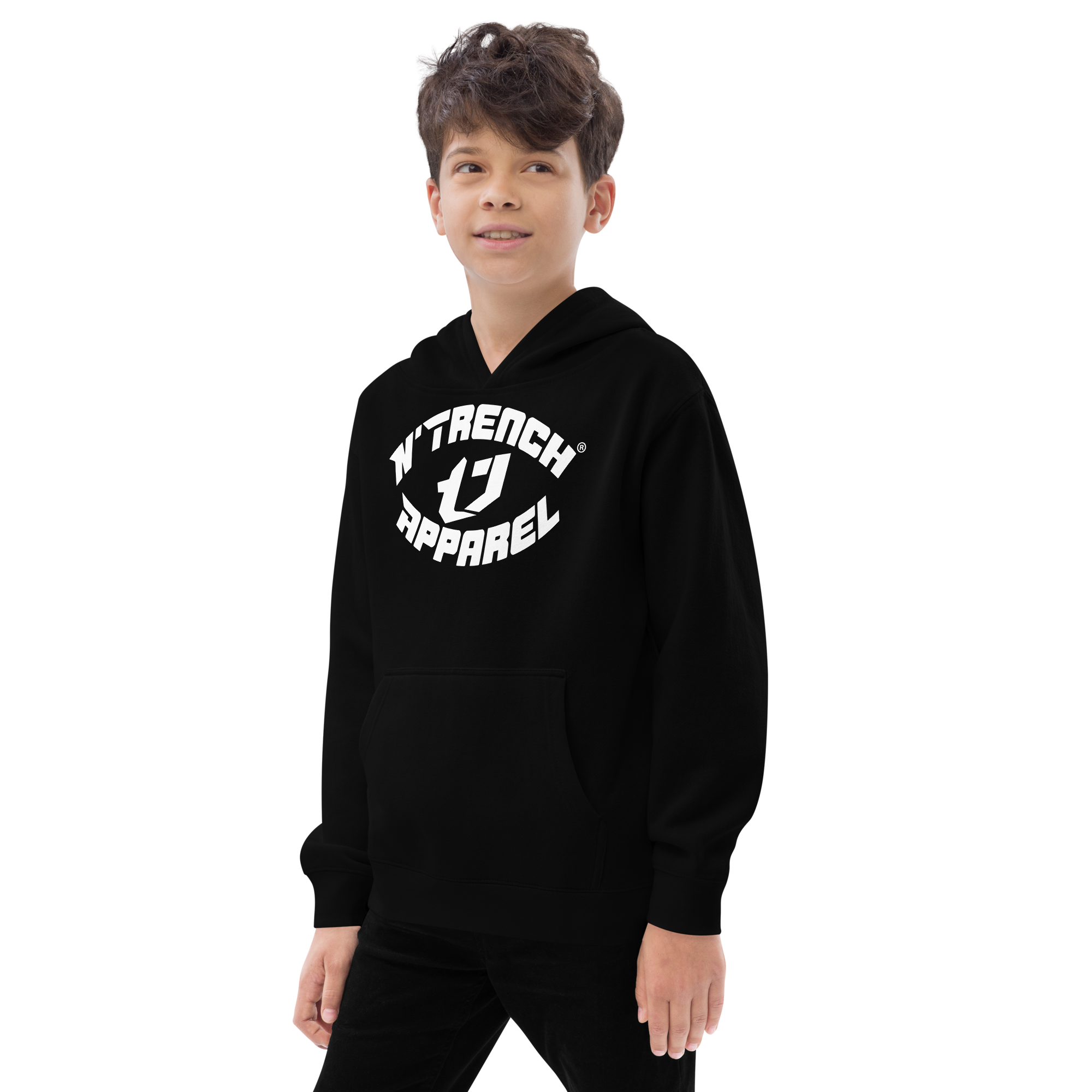 N'Trench Apparel White Lettering and Logo Kids fleece hoodie