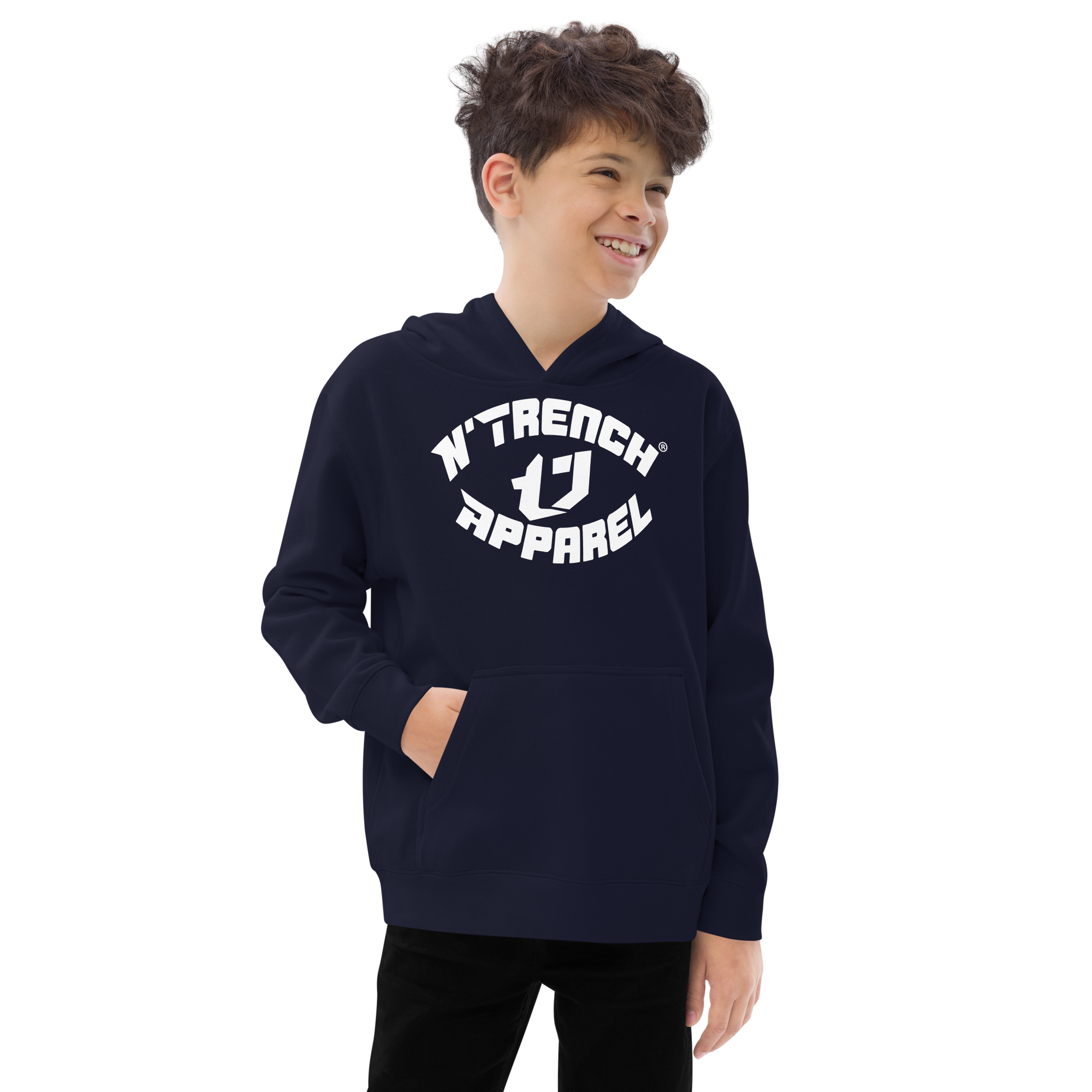 N'Trench Apparel White Lettering and Logo Kids fleece hoodie