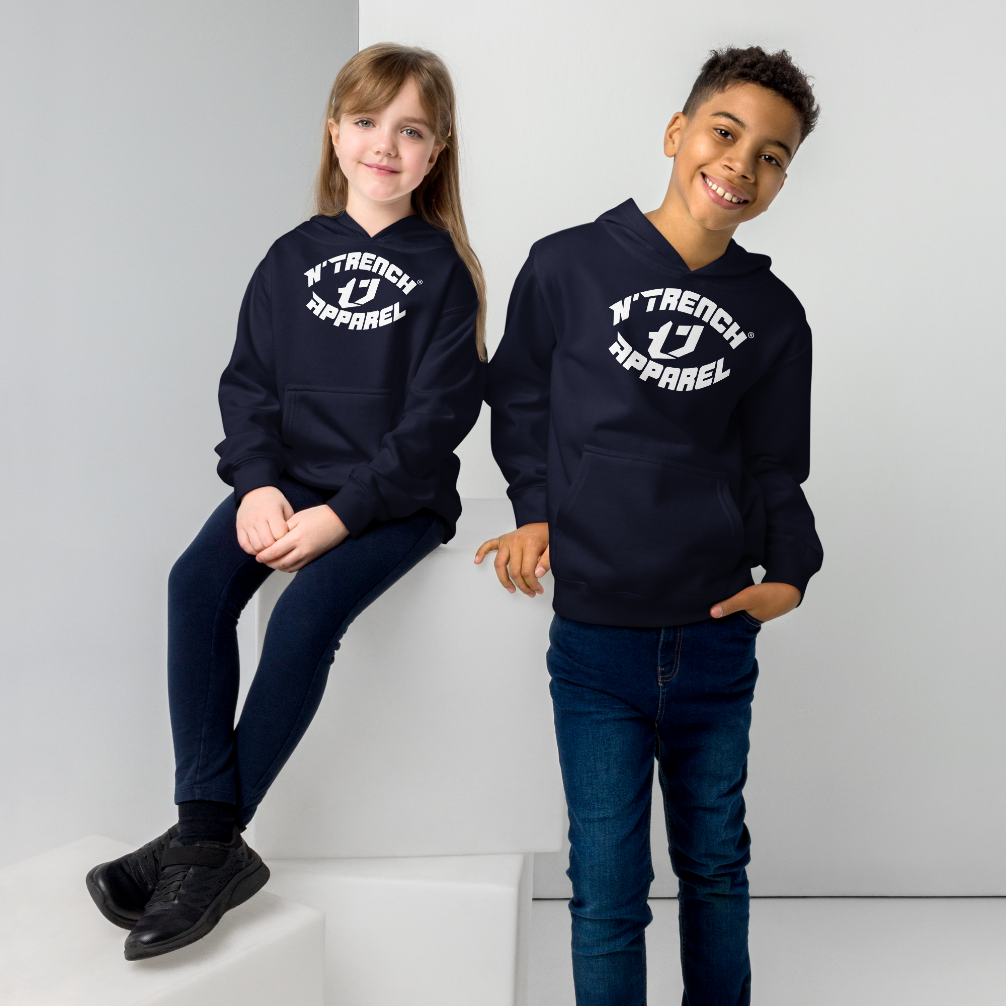 N'Trench Apparel White Lettering and Logo Kids fleece hoodie