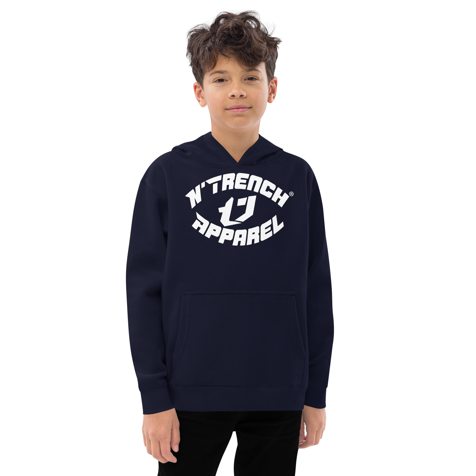 N'Trench Apparel White Lettering and Logo Kids fleece hoodie