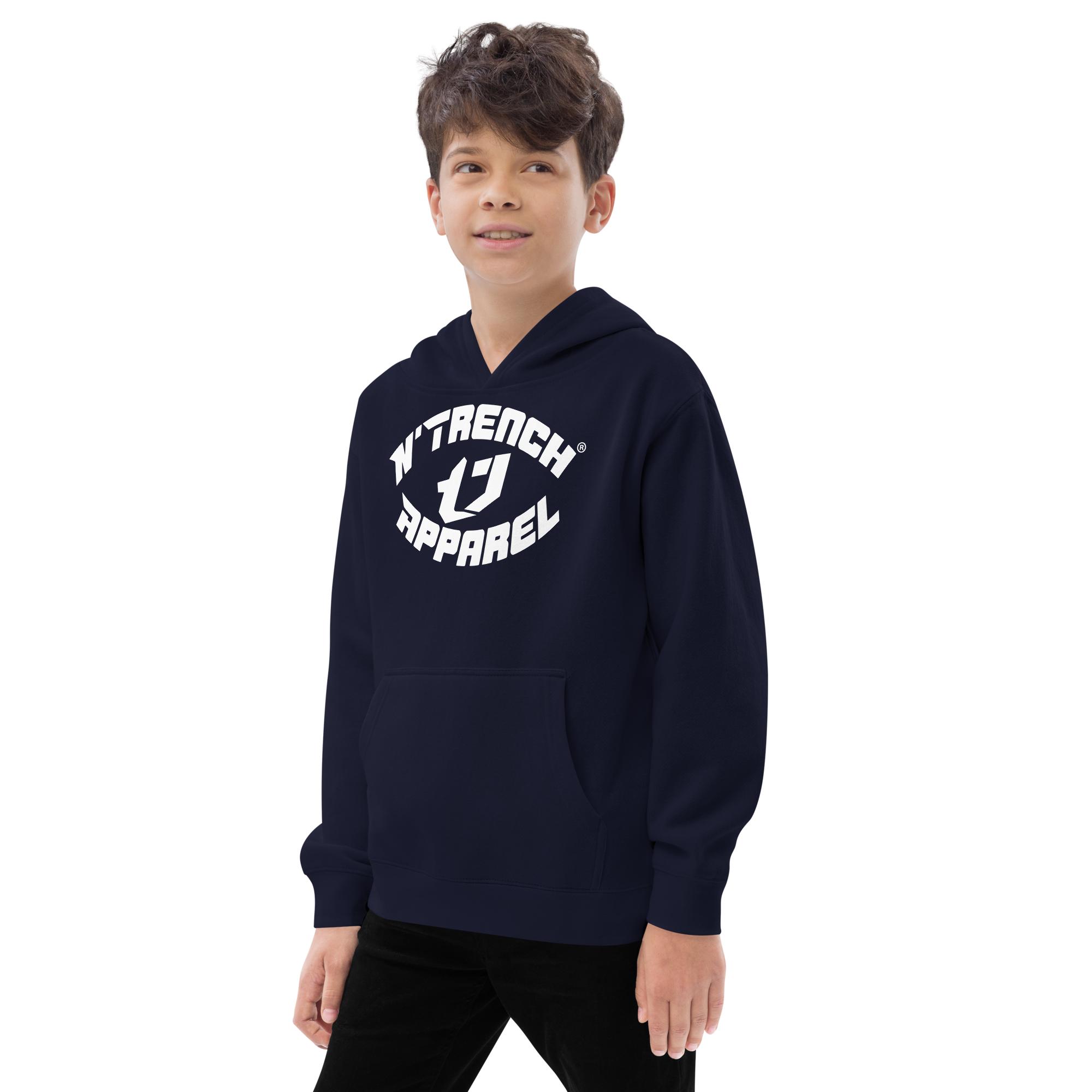 N'Trench Apparel White Lettering and Logo Kids fleece hoodie