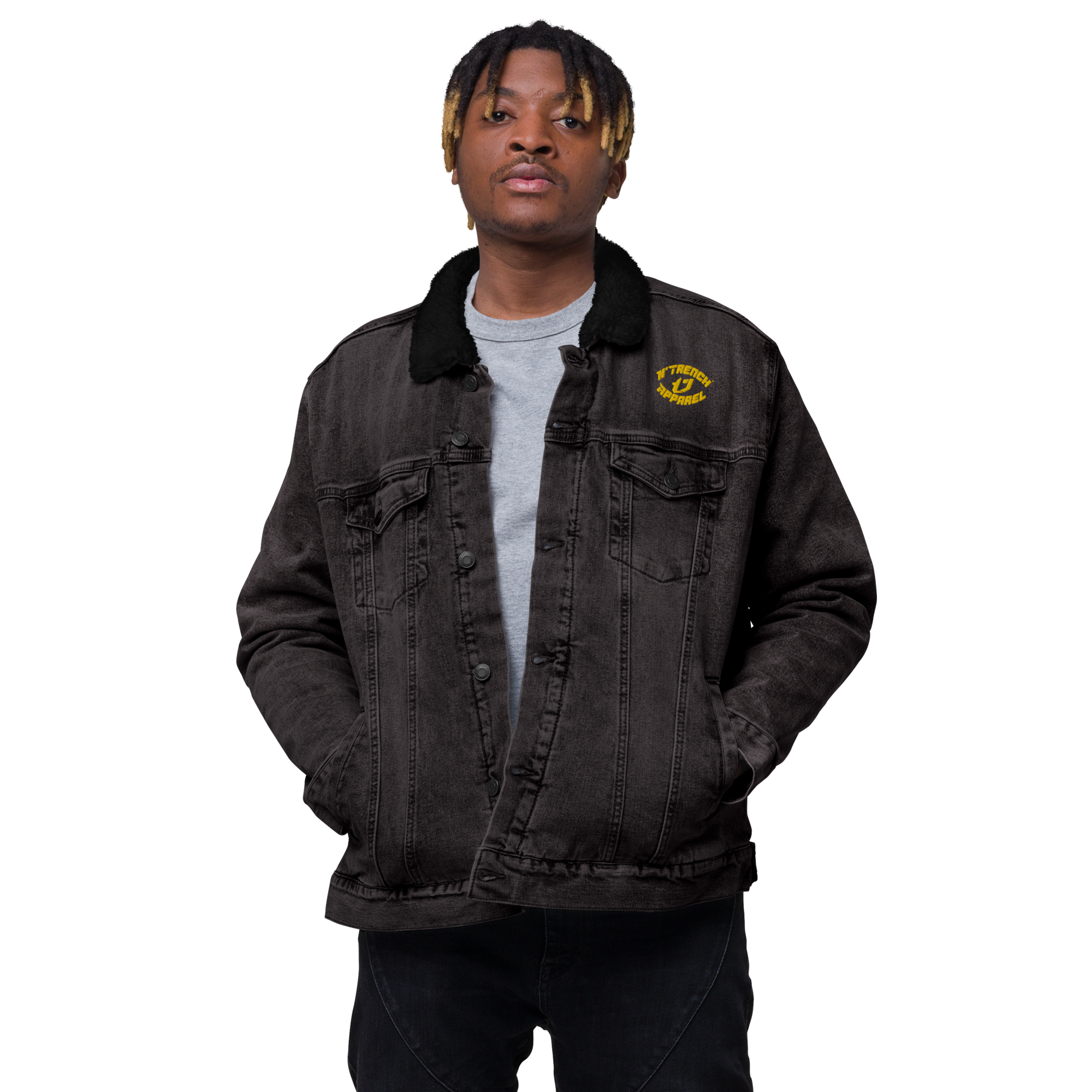 N'Trench Apparel Gold Lettering And Logo Men/Guys Embroidery denim sherpa jacket